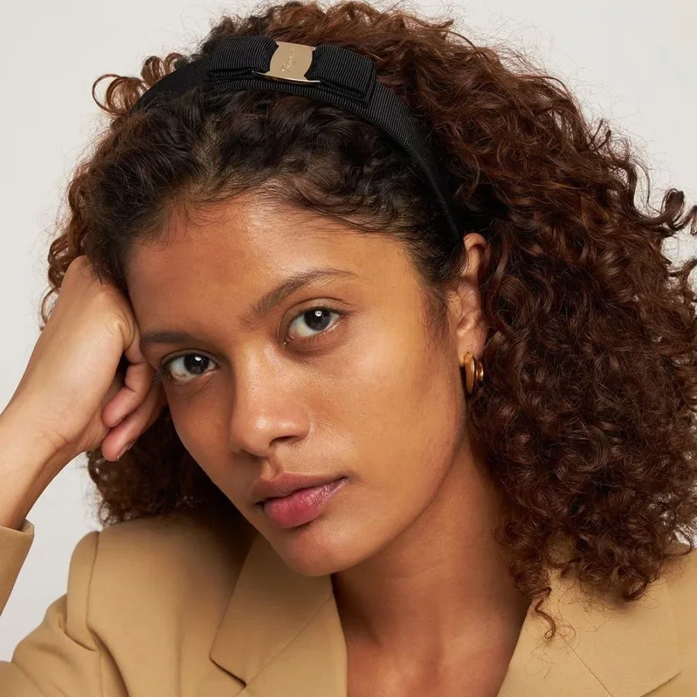 Ferragamo Vara Black Grosgrain Headband with Bow and Logo Hardware